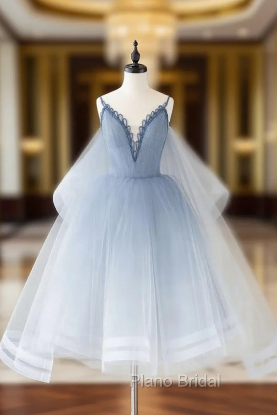 Blue V Neck Tulle Beads Short Formal Prom Dresses, Blue Tulle Formal Dresses