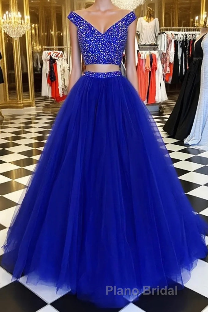 Blue v neck tulle beads two pieces long Formal Prom dress, blue evening dress Main image