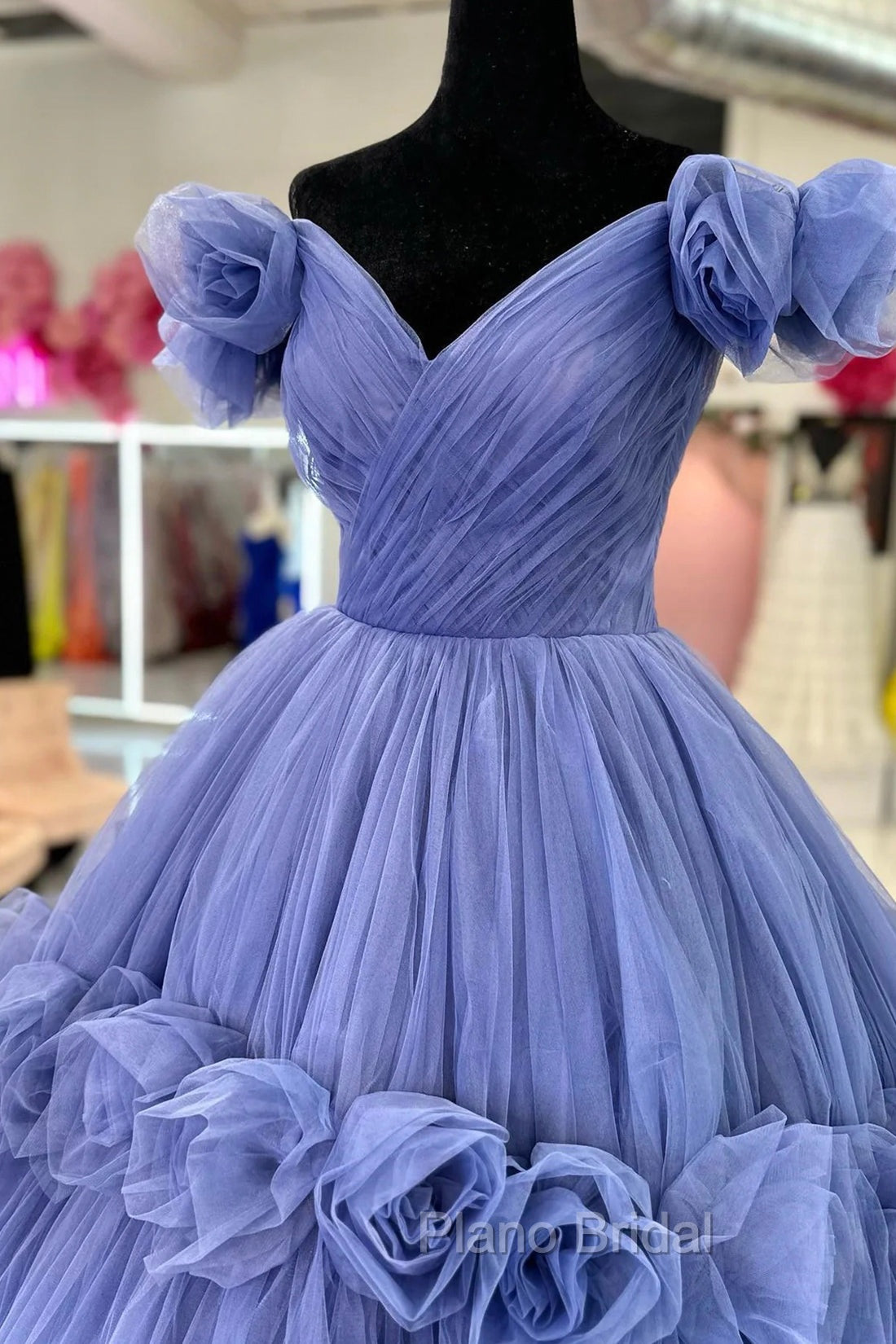 Blue V-neck Tulle Formal Dresses with Flowers, Blue Formal Dresses Sweet 16 Dresses