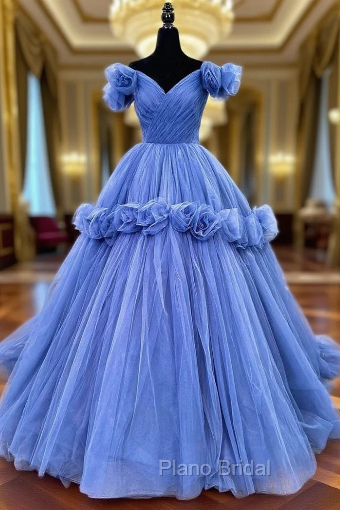 Blue V-neck Tulle Formal Dresses with Flowers, Blue Formal Dresses Sweet 16 Dresses Main image