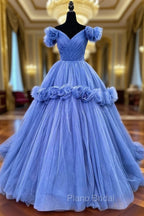Blue V-neck Tulle Formal Dresses with Flowers, Blue Formal Dresses Sweet 16 Dresses