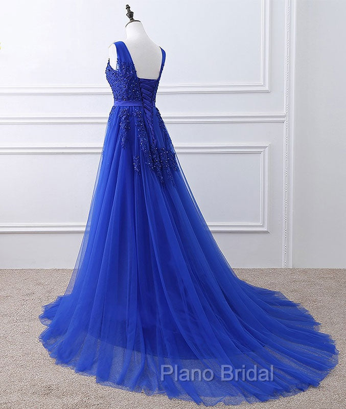 Blue V Neck Tulle Lace Long Formal Prom Dresses, Blue Evening Dresses