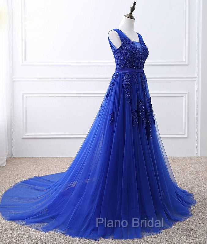 Blue V Neck Tulle Lace Long Formal Prom Dresses, Blue Evening Dresses