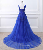 Blue V Neck Tulle Lace Long Formal Prom Dresses, Blue Evening Dresses