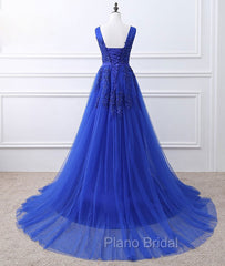 Blue V Neck Tulle Lace Long Formal Prom Dresses, Blue Evening Dresses