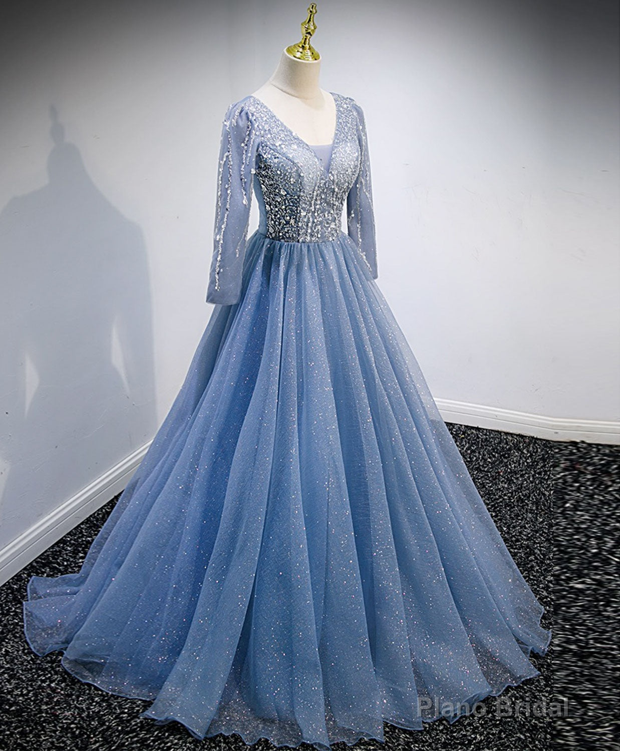Blue V Neck Tulle Lace Long Prom Dress, Blue Evening Dress with Sequin Beading Main image