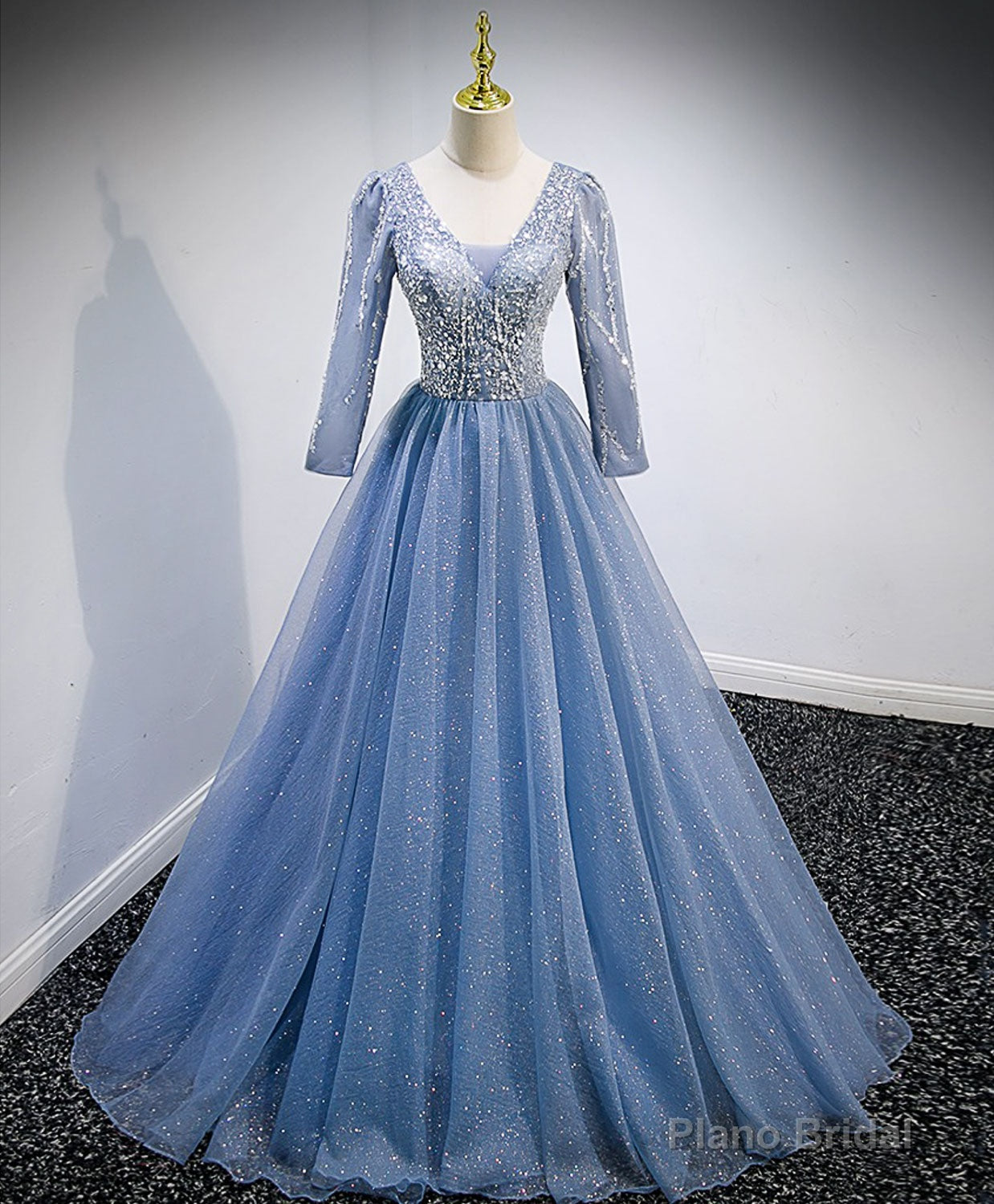Blue V Neck Tulle Lace Long Prom Dress, Blue Evening Dress with Sequin Beading Secondary image