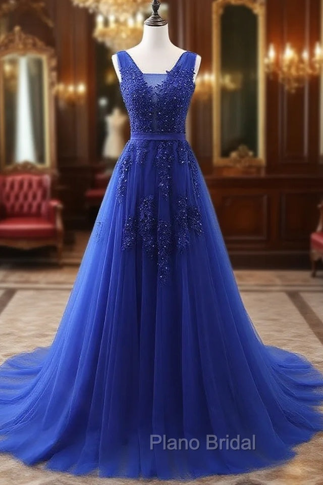 Blue V Neck Tulle Lace Long Formal Prom Dresses, Blue Evening Dresses Main image