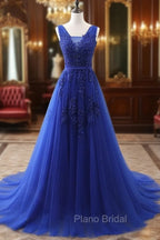 Blue V Neck Tulle Lace Long Formal Prom Dresses, Blue Evening Dresses