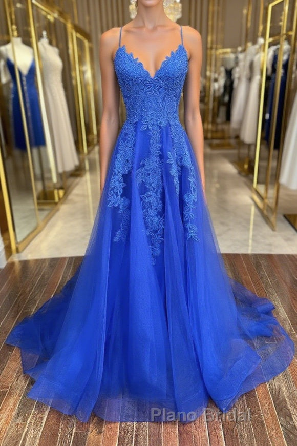 Blue v neck tulle lace long Formal Prom dress, blue lace bridesmaid dress