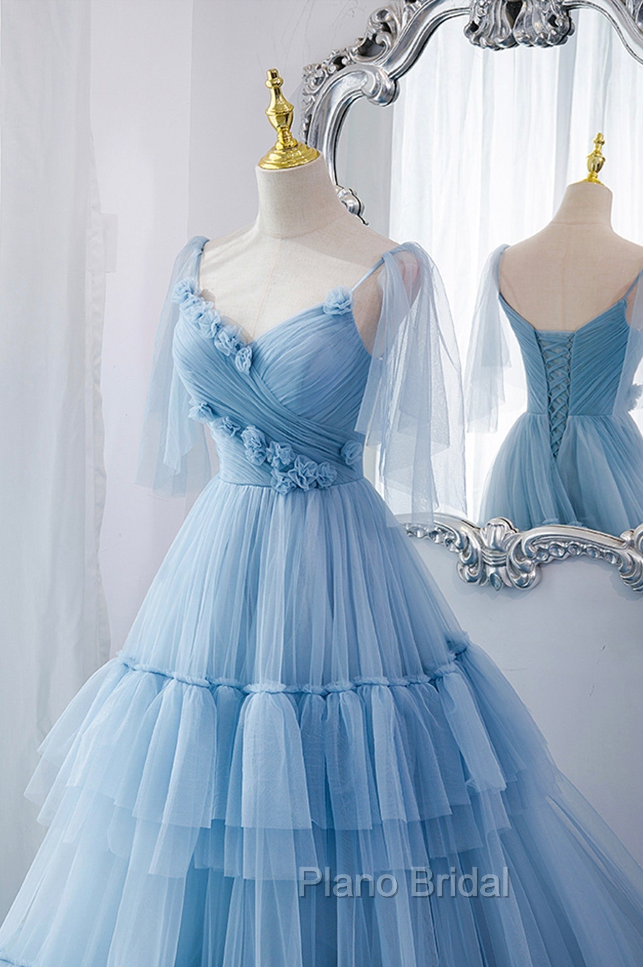 Blue V-Neck Tulle Long Formal Prom Dresses, A-Line Evening Party Dresses Secondary image
