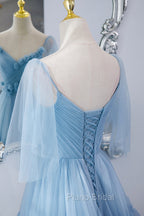 Blue V-Neck Tulle Long Formal Prom Dresses, A-Line Evening Party Dresses