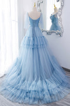 Blue V-Neck Tulle Long Formal Prom Dresses, A-Line Evening Party Dresses