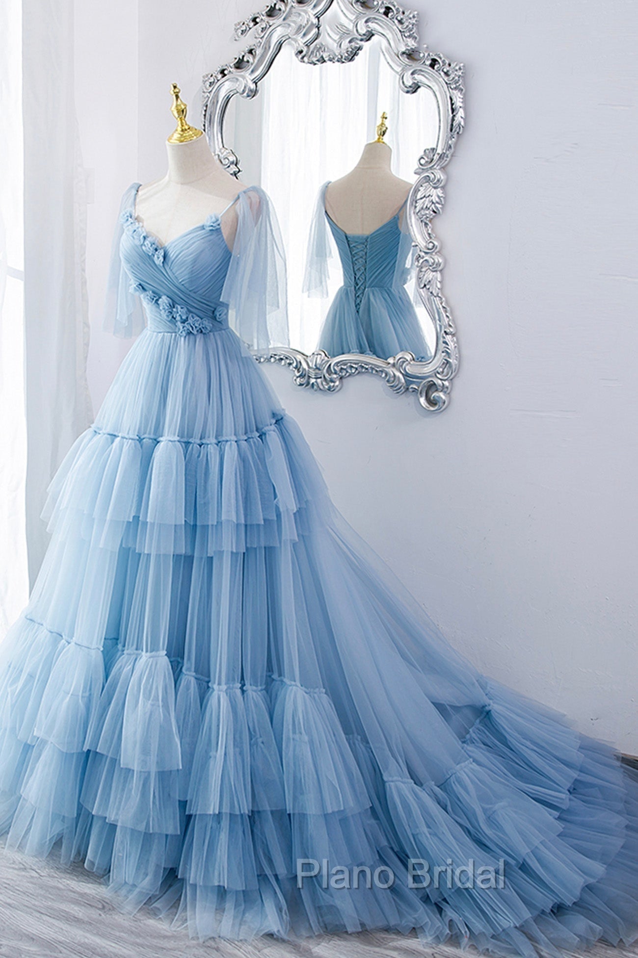 Blue V-Neck Tulle Long Formal Prom Dresses, A-Line Evening Party Dresses