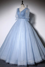 Blue V-Neck Tulle Long Formal Prom Dresses, A-Line Formal Evening Dresses