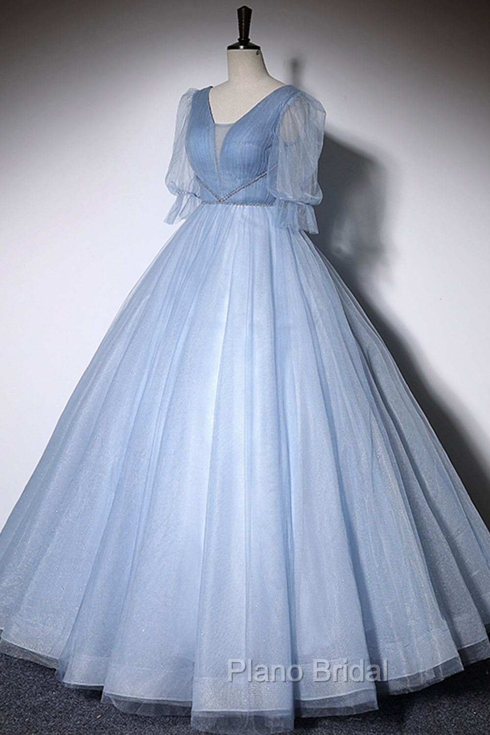 Blue V-Neck Tulle Long Formal Prom Dresses, A-Line Formal Evening Dresses