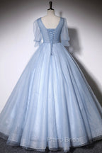 Blue V-Neck Tulle Long Formal Prom Dresses, A-Line Formal Evening Dresses
