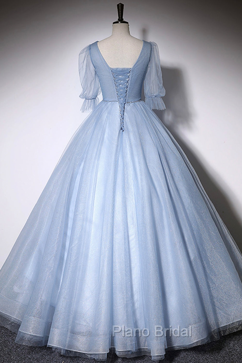 Blue V-Neck Tulle Long Formal Prom Dresses, A-Line Formal Evening Dresses
