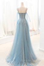 Blue V-Neck Tulle Long Formal Prom Dresses, A-Line Spaghetti Strap Evening Dresses