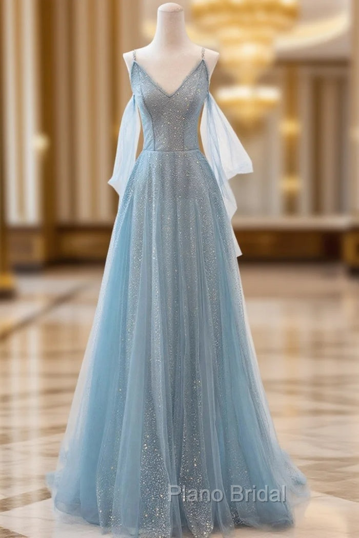 Blue V-Neck Tulle Long Formal Prom Dresses, A-Line Spaghetti Strap Evening Dresses Main image