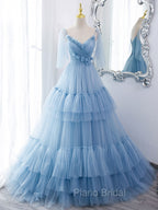 Blue v neck tulle long Formal Prom Dresses, blue tulle formal Dresses