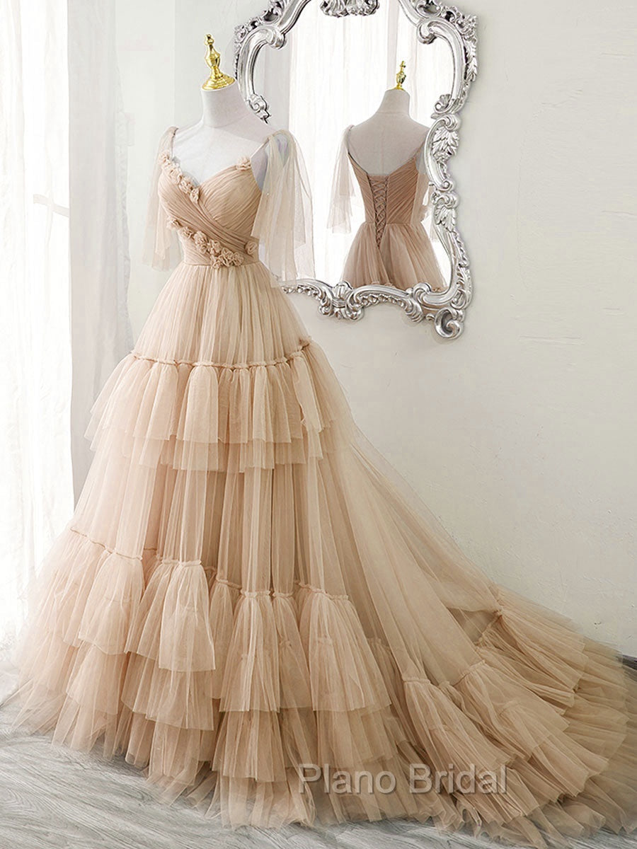 Blue v neck tulle long Formal Prom Dresses, blue tulle formal Dresses