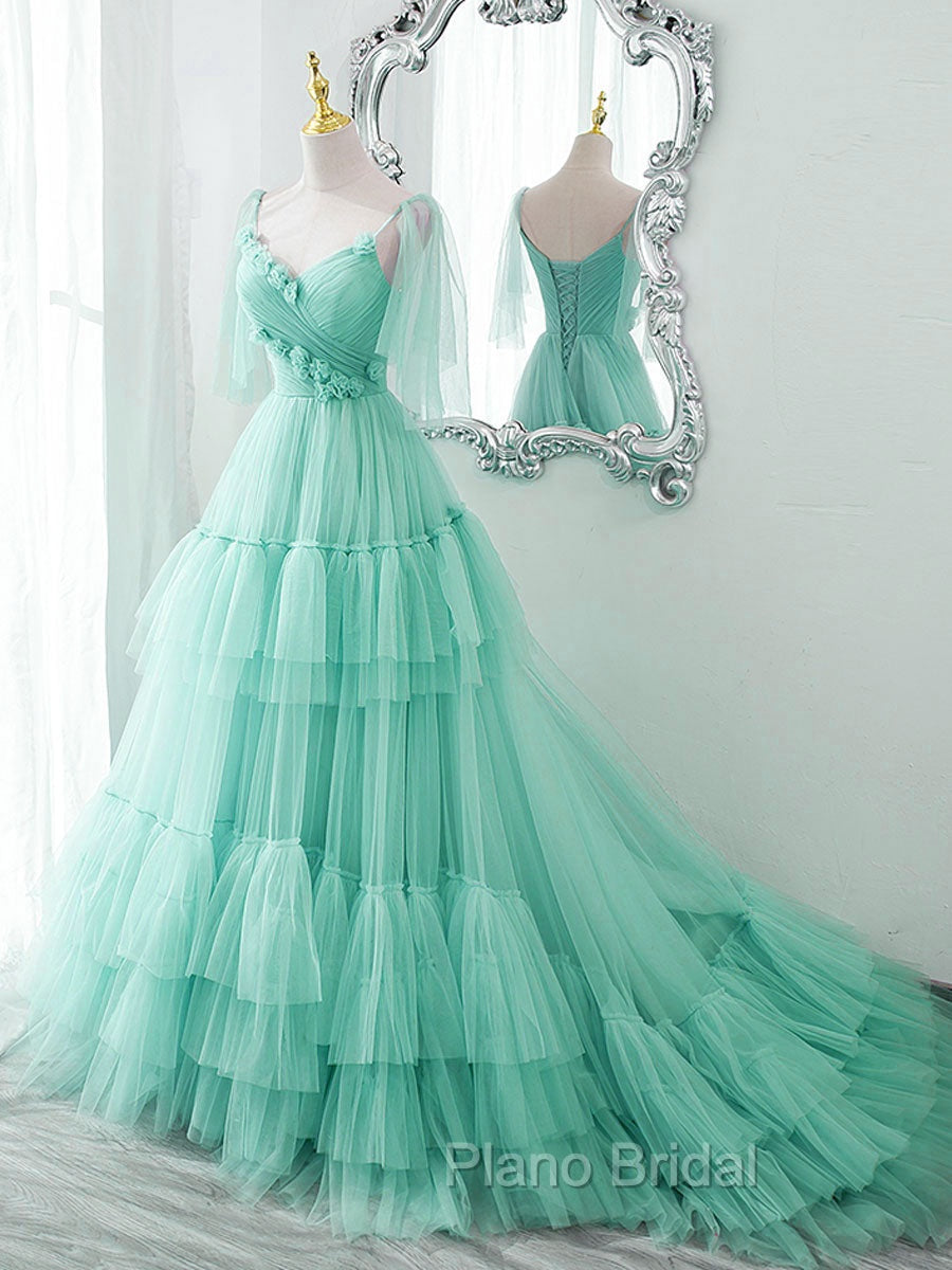 Blue v neck tulle long Formal Prom Dresses, blue tulle formal Dresses