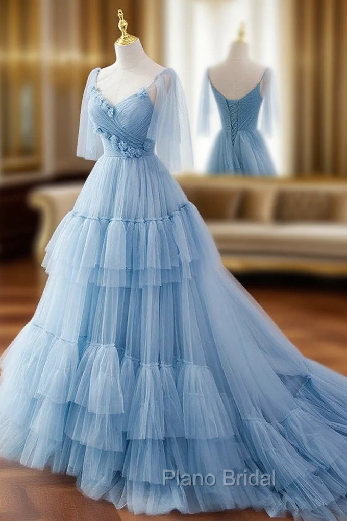 Blue v neck tulle long Formal Prom Dresses, blue tulle formal Dresses Main image