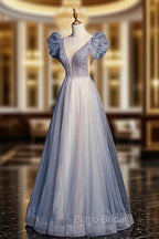 Blue V-Neck Tulle Long Formal Prom Dresses with Beaded, Elegant A-Line Formal Evening Dresses