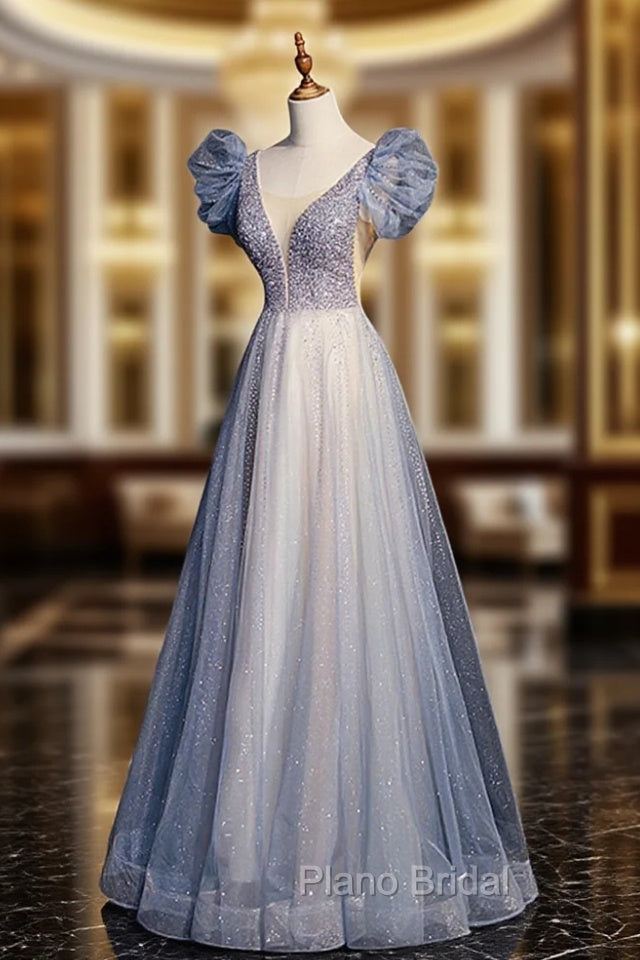 Blue V-Neck Tulle Long Formal Prom Dresses with Beaded, Elegant A-Line Formal Evening Dresses