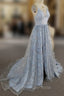 Blue V Neck Tulle Sequin Long Formal Prom Dresses, Blue Aline Formal Graduation Dresses