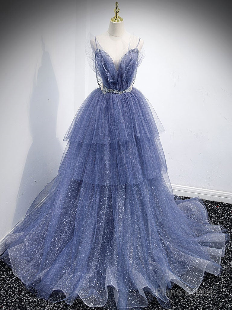 Blue v neck tulle sequin long prom dress, blue evening dress Main image