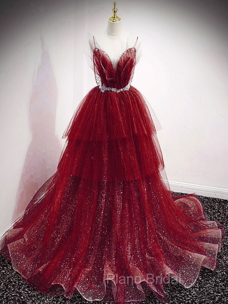 Blue V Neck Tulle Sequin Long Formal Prom Dresses, Blue Tulle Formal Dresses