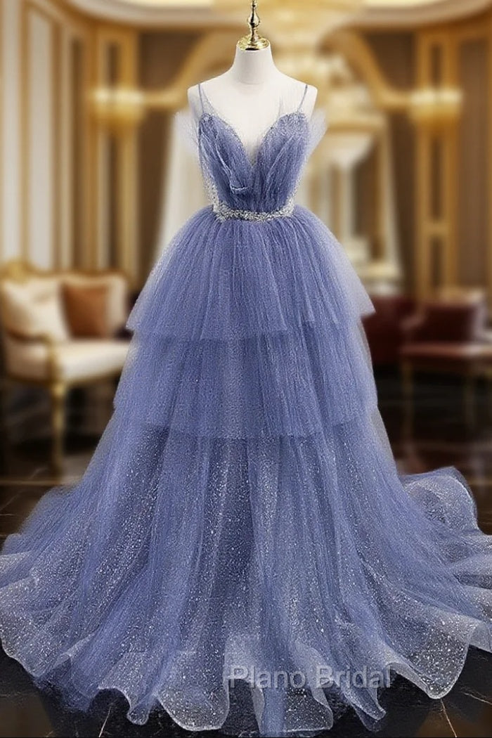 Blue V Neck Tulle Sequin Long Formal Prom Dresses, Blue Tulle Formal Dresses Main image