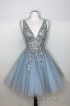 Blue v neck tulle sequin short Formal Prom dress, blue homecoming dress