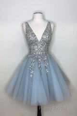 Blue v neck tulle sequin short Formal Prom dress, blue homecoming dress