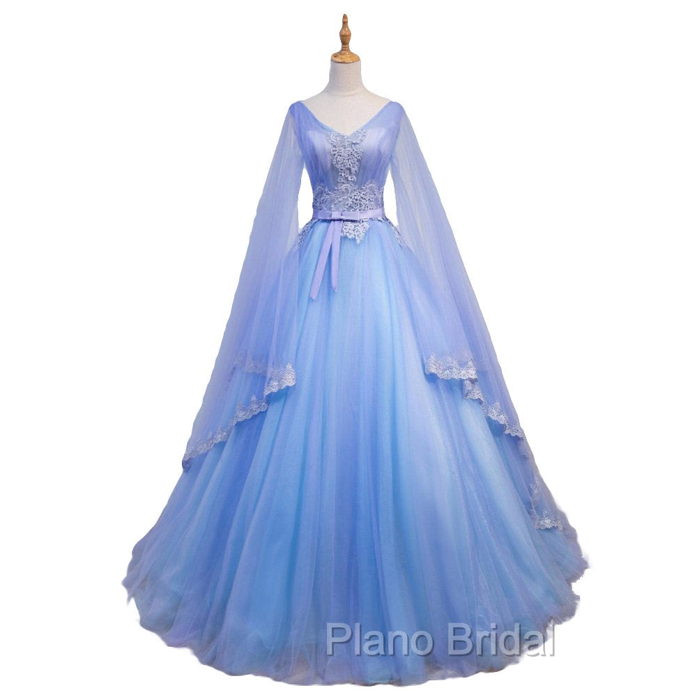 Blue V-neckline Formal Prom Dresses with Long Sleeves, Lace Applique Party Dresses For Teen Secondary image