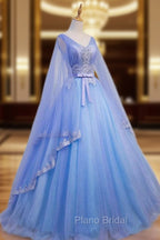 Blue V-neckline Formal Prom Dresses with Long Sleeves, Lace Applique Party Dresses For Teen