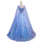 Blue V-neckline Formal Prom Dresses with Long Sleeves, Lace Applique Party Dresses For Teen