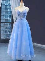 Blue V-neckline Tulle Beaded Long Straps Beaded Dresses, Blue Fashionable Formal Dresses Formal Prom Dresses