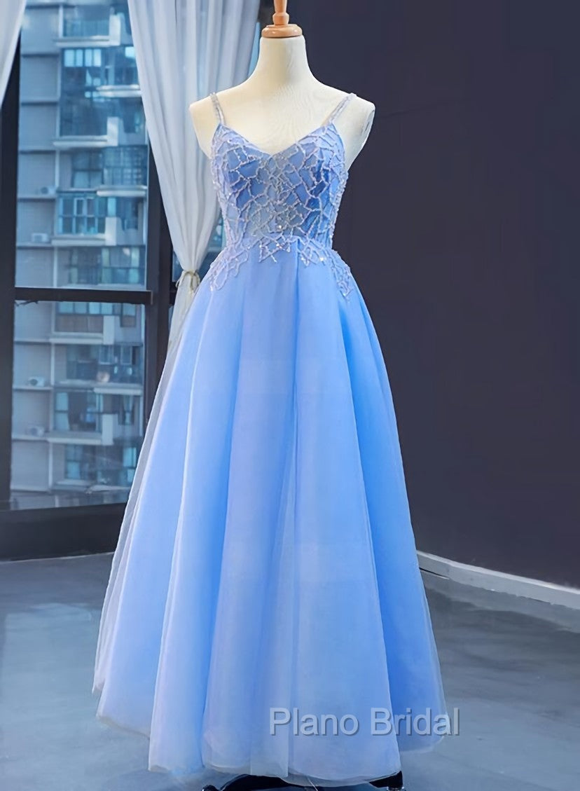 Blue V-neckline Tulle Beaded Long Straps Beaded Dresses, Blue Fashionable Formal Dresses Formal Prom Dresses