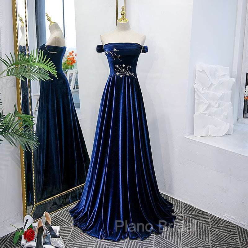 Blue Velvet Beaded Elegant Off Shoulder Evening Dresses, Blue Long Formal Prom Dresses Party Dresses