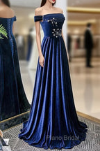 Blue Velvet Beaded Elegant Off Shoulder Evening Dresses, Blue Long Formal Prom Dresses Party Dresses
