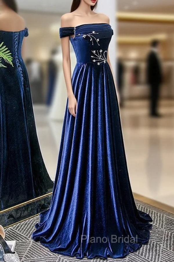 Blue Velvet Beaded Elegant Off Shoulder Evening Dresses, Blue Long Formal Prom Dresses Party Dresses