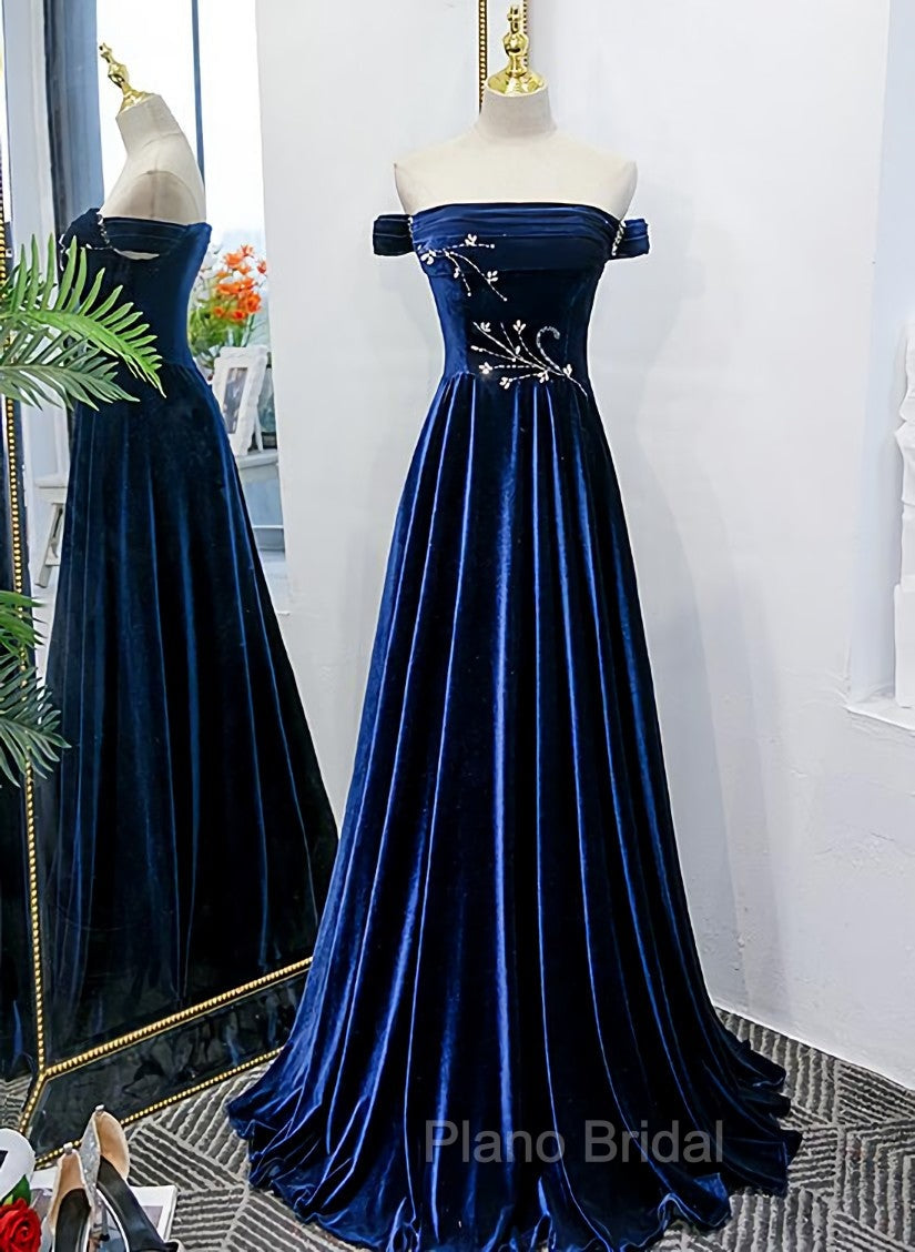 Blue Velvet Beaded Elegant Off Shoulder Evening Dresses, Blue Long Formal Prom Dresses Party Dresses Main image