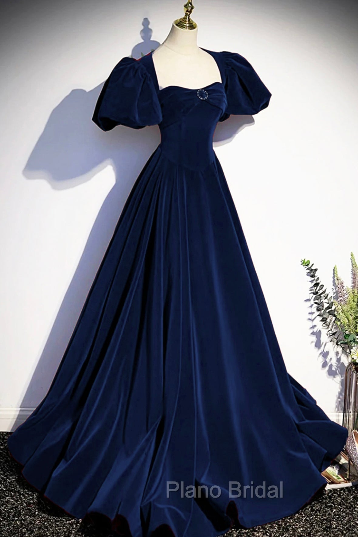 Blue Velvet Floor Length Formal Prom Dresses, Elegant Short Sleeve Evening Party Dresses Secondary image