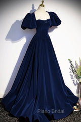 Blue Velvet Floor Length Formal Prom Dresses, Elegant Short Sleeve Evening Party Dresses