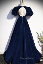 Blue Velvet Floor Length Formal Prom Dresses, Elegant Short Sleeve Evening Party Dresses