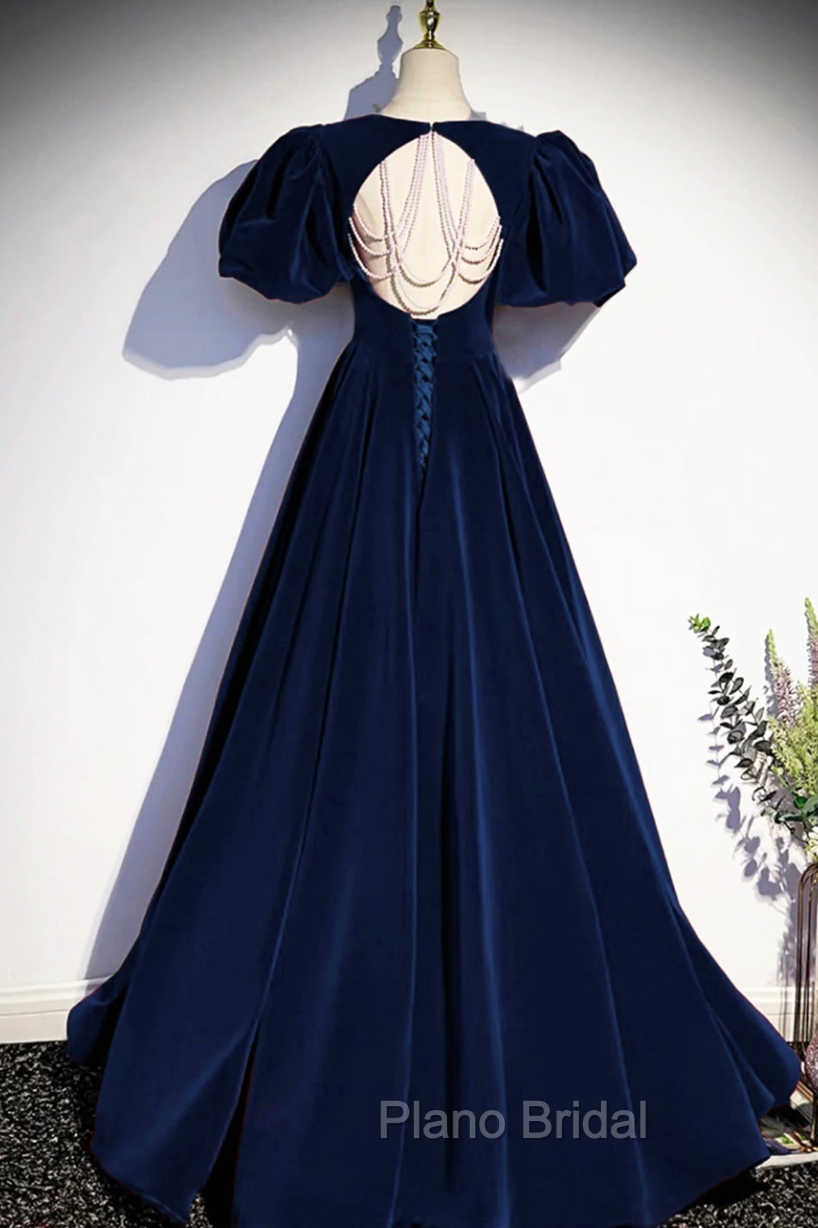 Blue Velvet Floor Length Formal Prom Dresses, Elegant Short Sleeve Evening Party Dresses