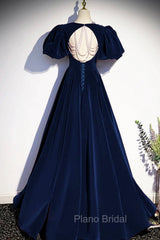Blue Velvet Floor Length Formal Prom Dresses, Elegant Short Sleeve Evening Party Dresses
